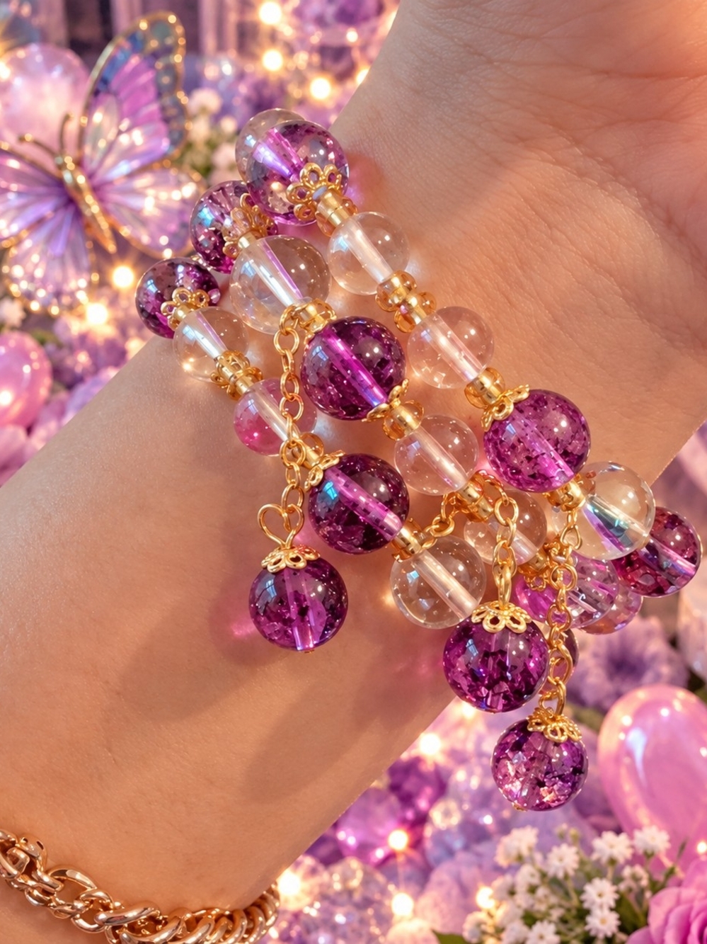 3 Gold-Plated Purple Beaded Charm Bracelet - Women Jewelry